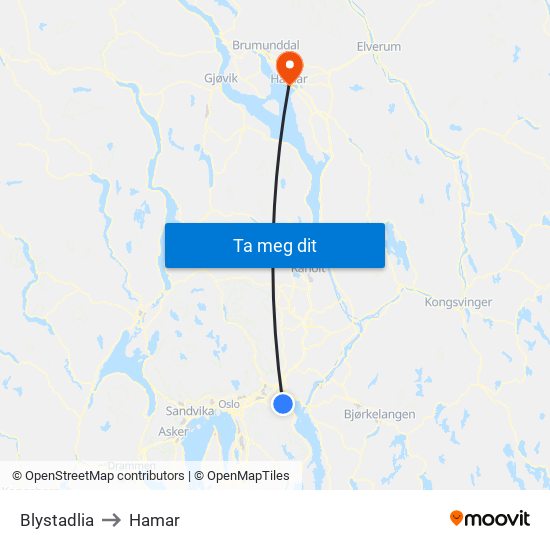 Blystadlia to Hamar map