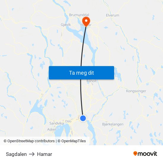 Sagdalen to Hamar map