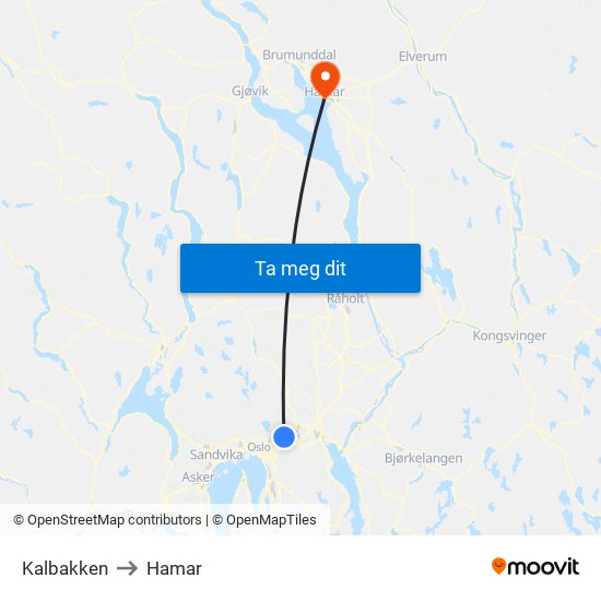 Kalbakken to Hamar map
