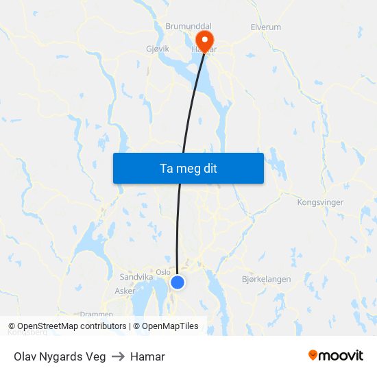 Olav Nygards Veg to Hamar map