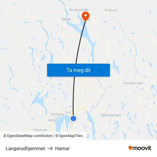 Langerudhjemmet to Hamar map