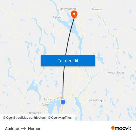 Abildsø to Hamar map
