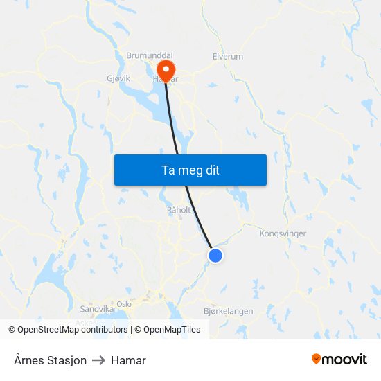 Årnes Stasjon to Hamar map