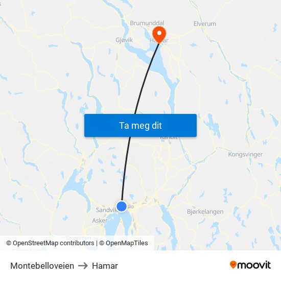 Montebelloveien to Hamar map