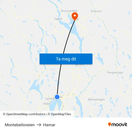 Montebelloveien to Hamar map