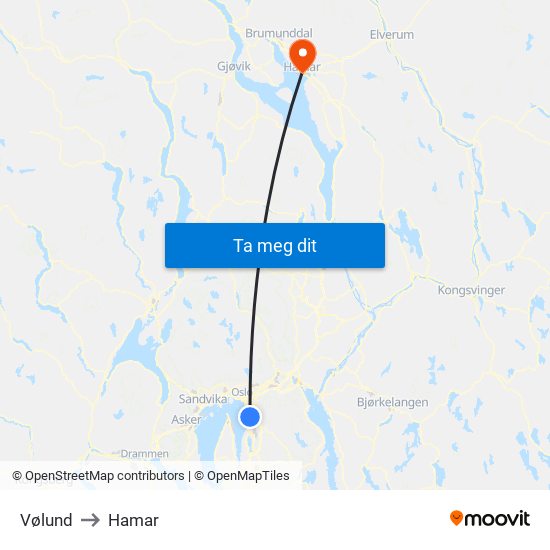 Vølund to Hamar map