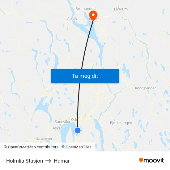 Holmlia Stasjon to Hamar map