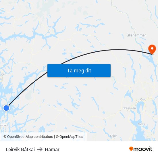 Leirvik Båtkai to Hamar map