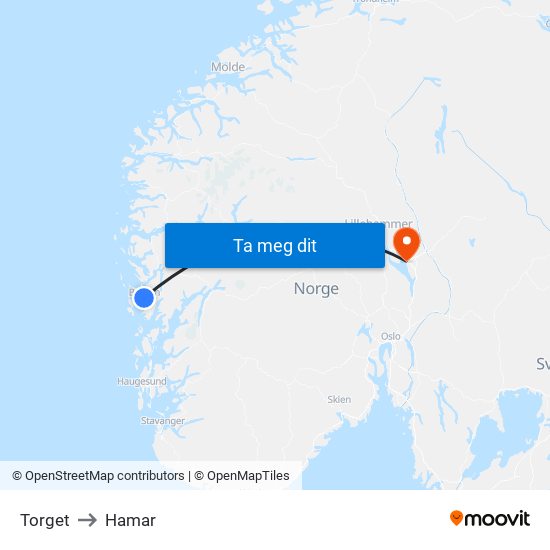 Torget to Hamar map