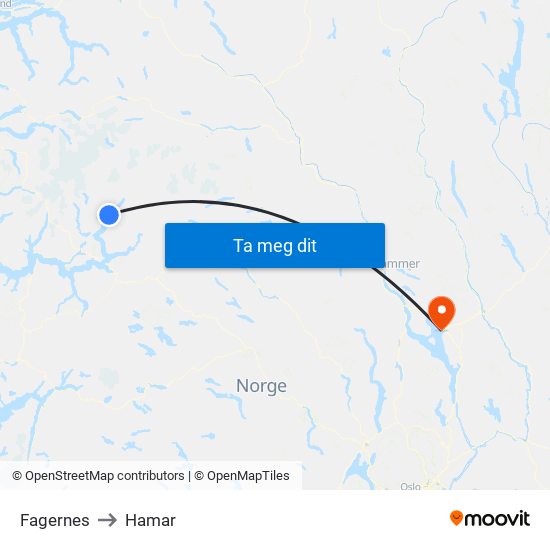 Fagernes to Hamar map