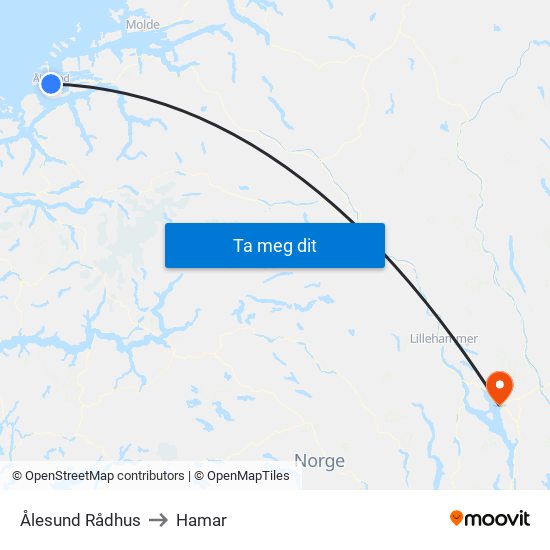 Ålesund Rådhus to Hamar map