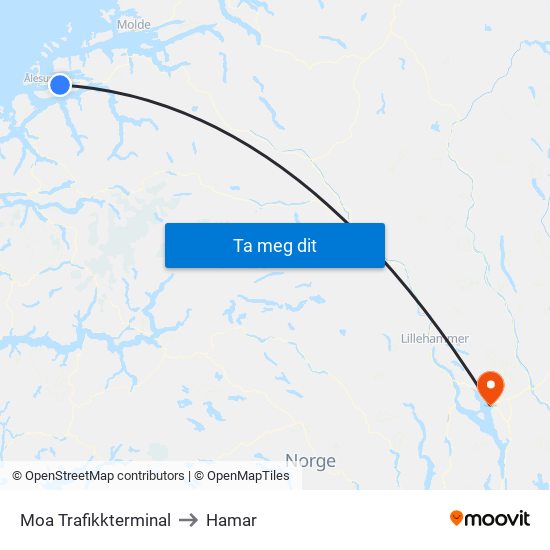 Moa Trafikkterminal to Hamar map