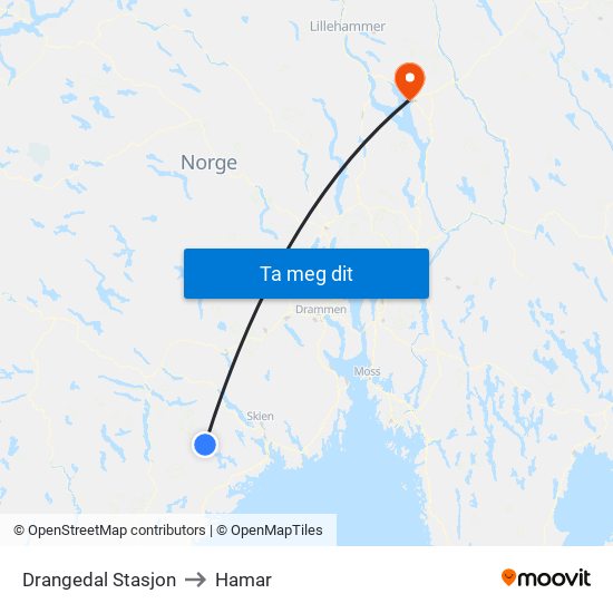 Drangedal Stasjon to Hamar map