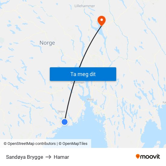 Sandøya Brygge to Hamar map
