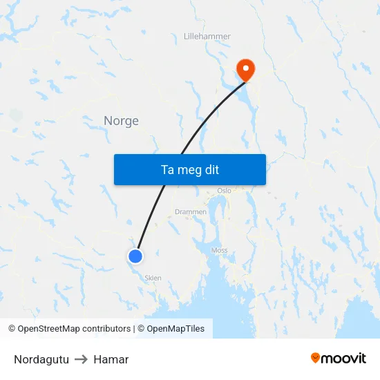 Nordagutu to Hamar map
