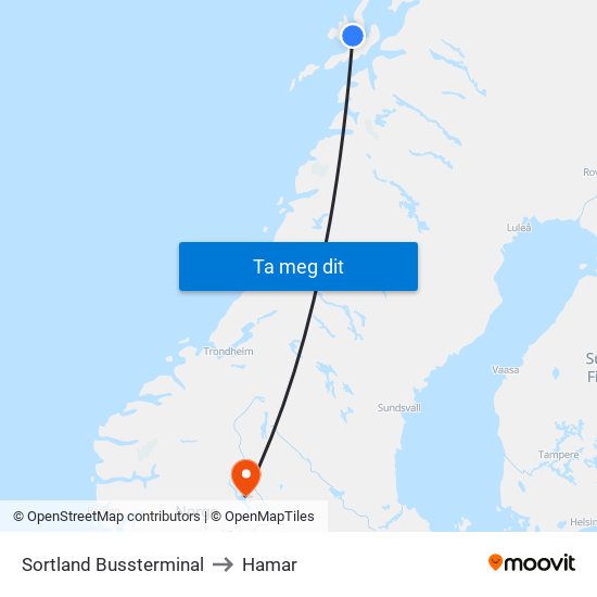 Sortland Bussterminal to Hamar map