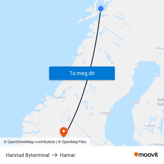 Harstad Byterminal to Hamar map