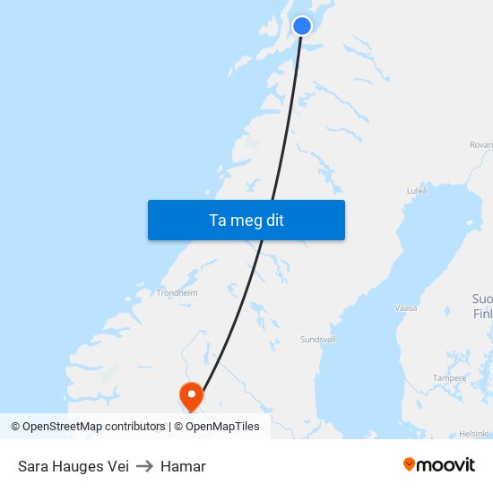Sara Hauges Vei to Hamar map