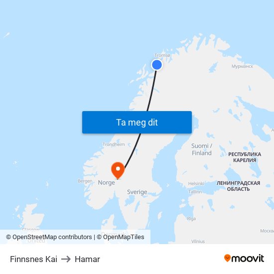 Finnsnes Kai to Hamar map