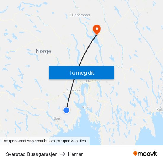 Svarstad Bussgarasjen to Hamar map