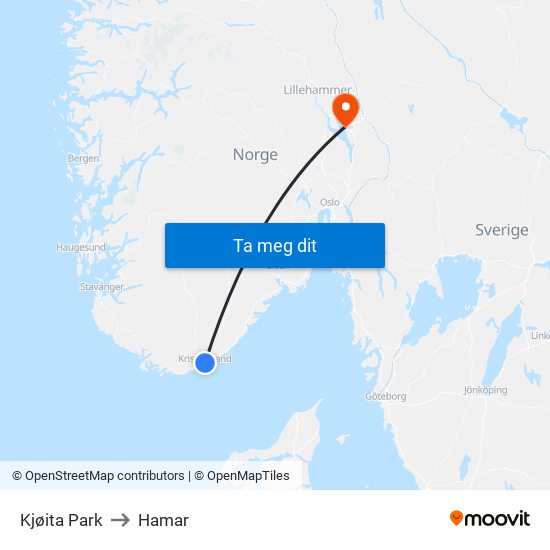 Kjøita Park to Hamar map