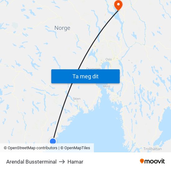 Arendal Bussterminal to Hamar map