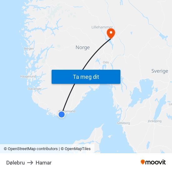 Dølebru to Hamar map