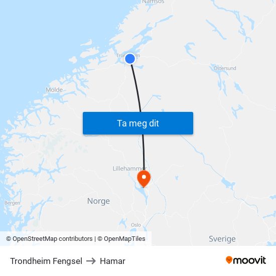 Trondheim Fengsel to Hamar map