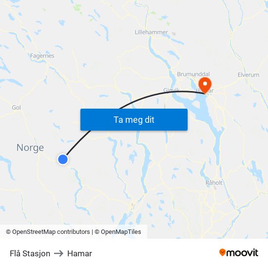 Flå Stasjon to Hamar map