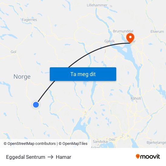 Eggedal Sentrum to Hamar map