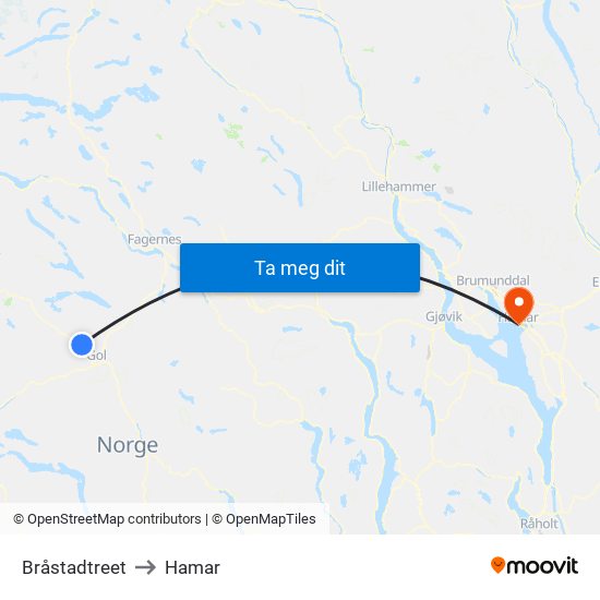 Bråstadtreet to Hamar map