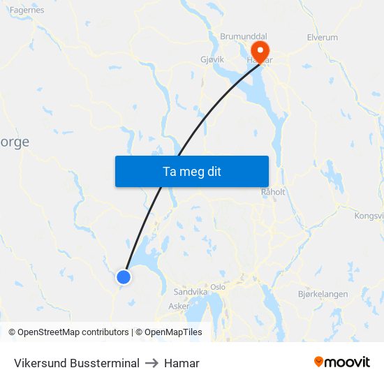Vikersund Bussterminal to Hamar map