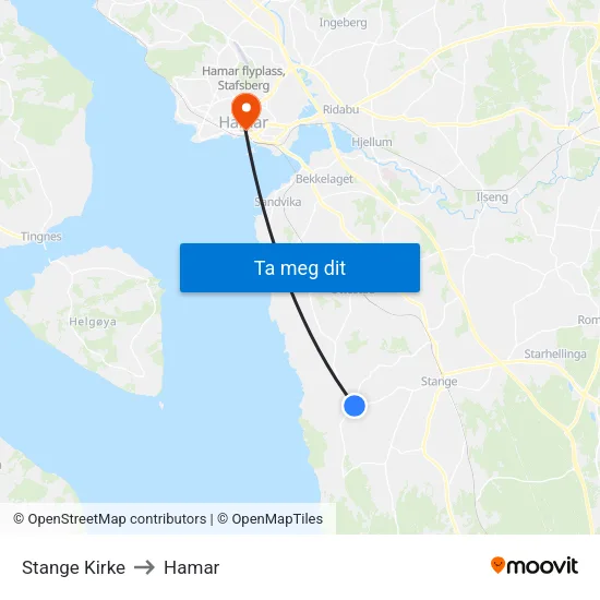 Stange Kirke to Hamar map