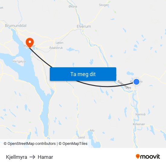 Kjellmyra to Hamar map