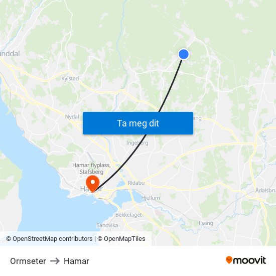Ormseter to Hamar map