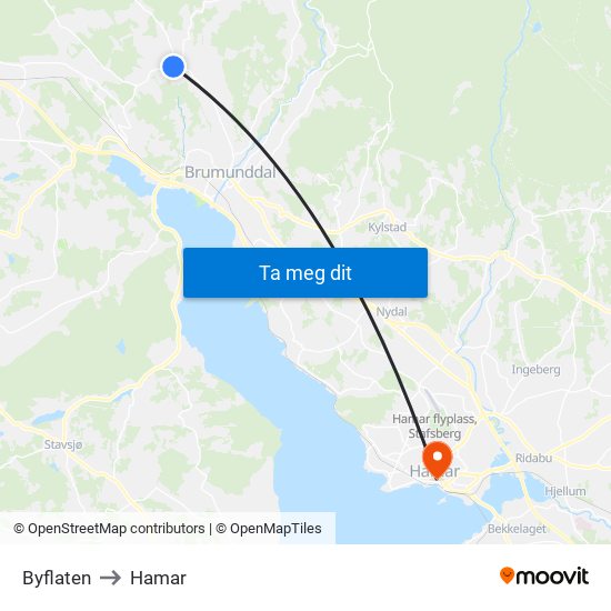 Byflaten to Hamar map