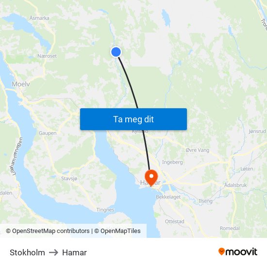 Stokholm to Hamar map
