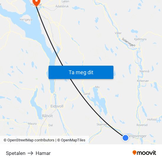 Spetalen to Hamar map