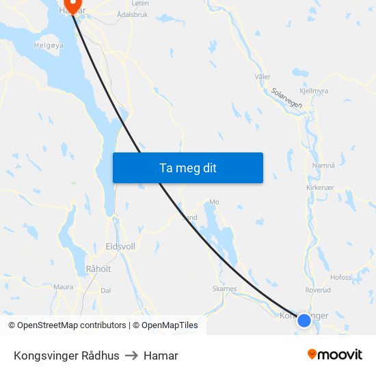 Kongsvinger Rådhus to Hamar map