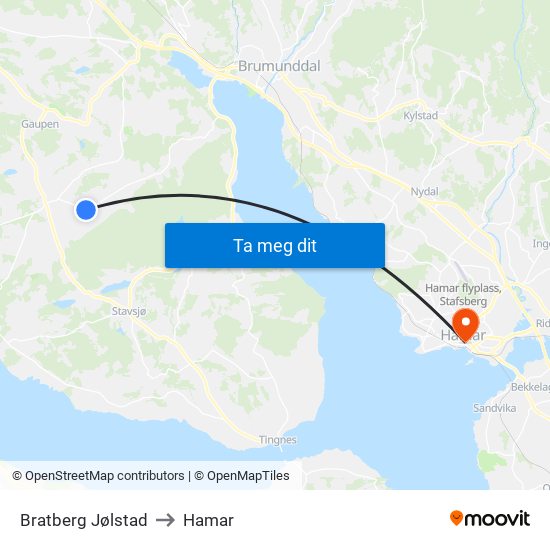 Bratberg Jølstad to Hamar map