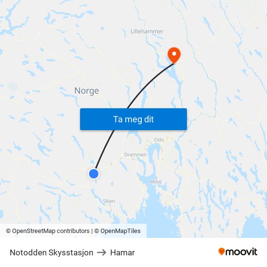 Notodden Skysstasjon to Hamar map