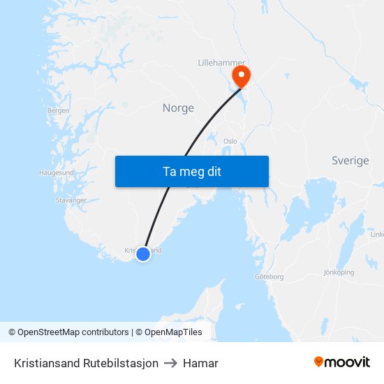 Kristiansand Rutebilstasjon to Hamar map