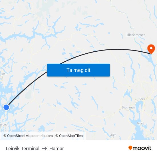 Leirvik Terminal to Hamar map