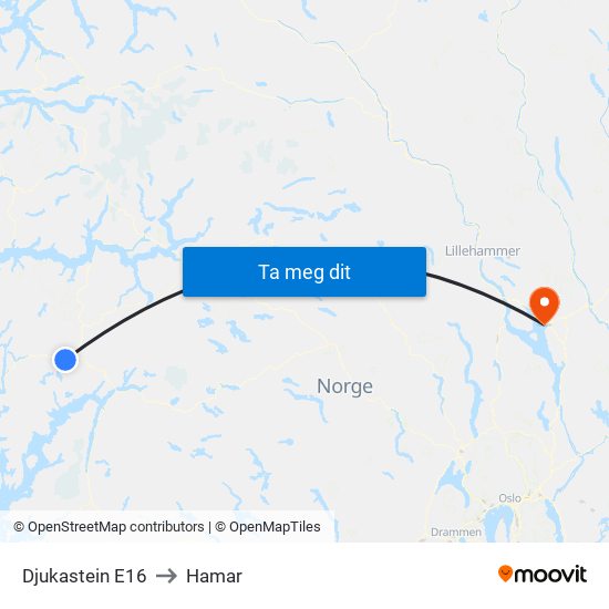 Djukastein E16 to Hamar map