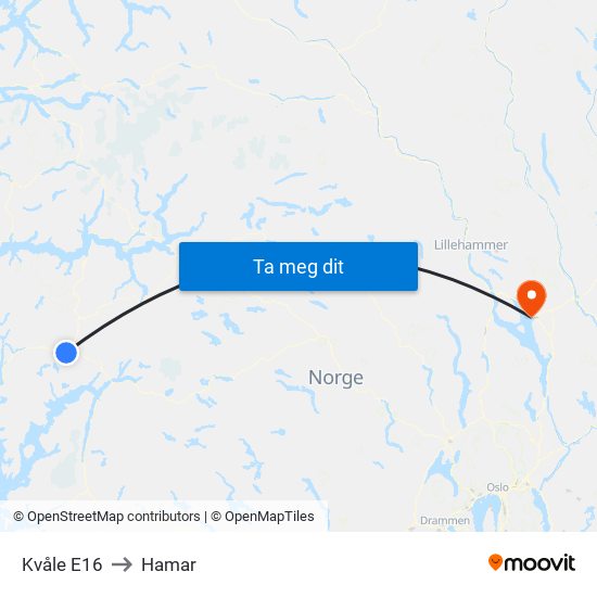 Kvåle E16 to Hamar map