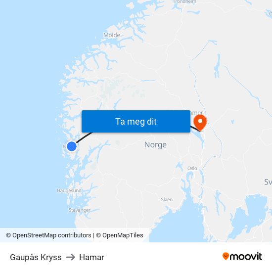 Gaupås Kryss to Hamar map
