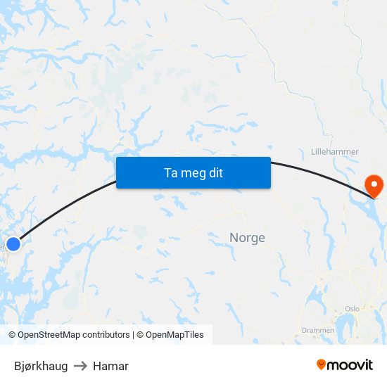 Bjørkhaug to Hamar map