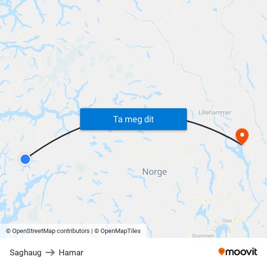 Saghaug to Hamar map