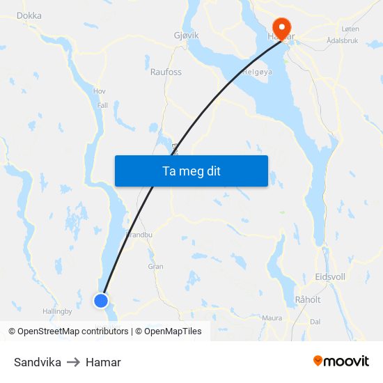 Sandvika to Hamar map