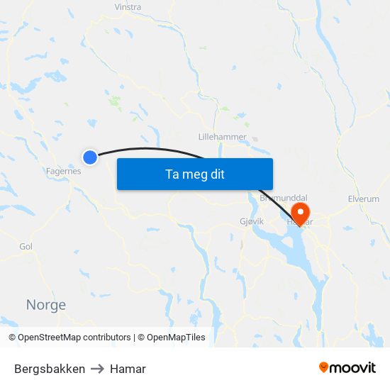 Bergsbakken to Hamar map